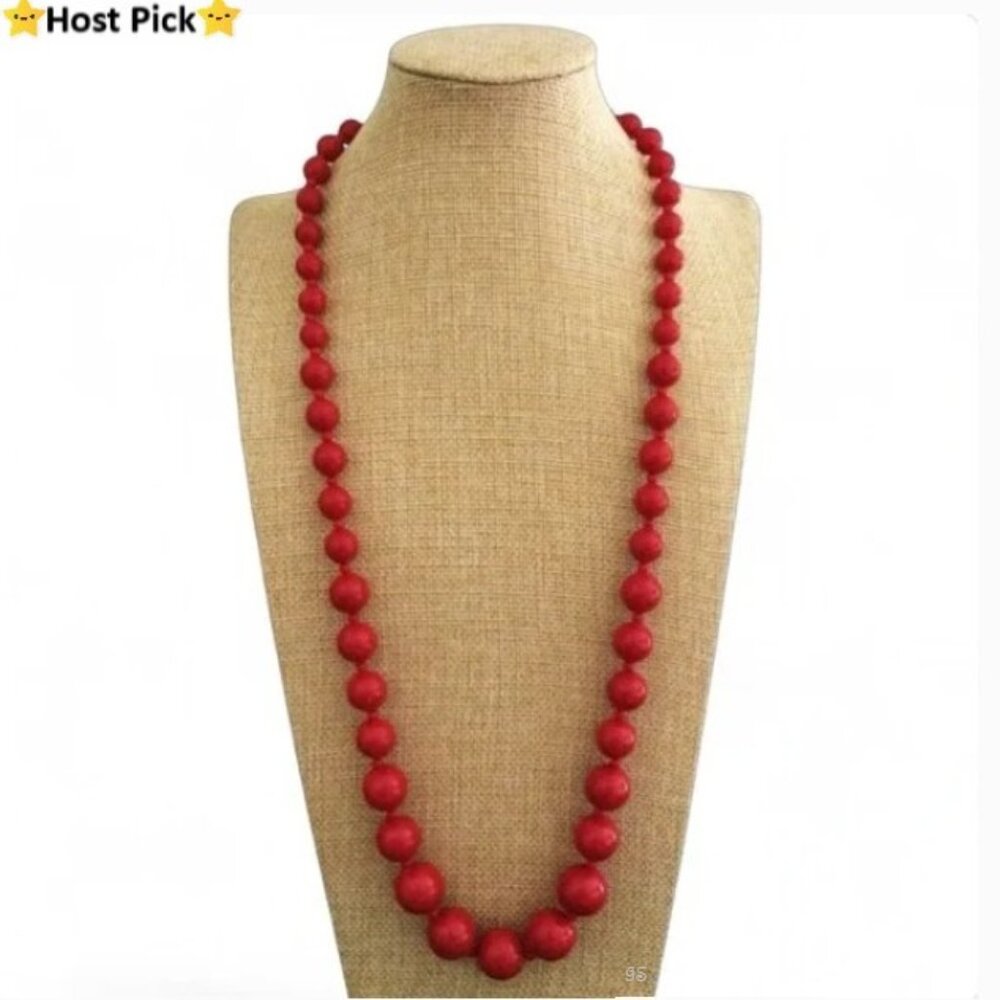 Vtg Red Lucite Graduated Beaded Necklace, 30" Gold Tone Clasp, Mid‑Century Charm